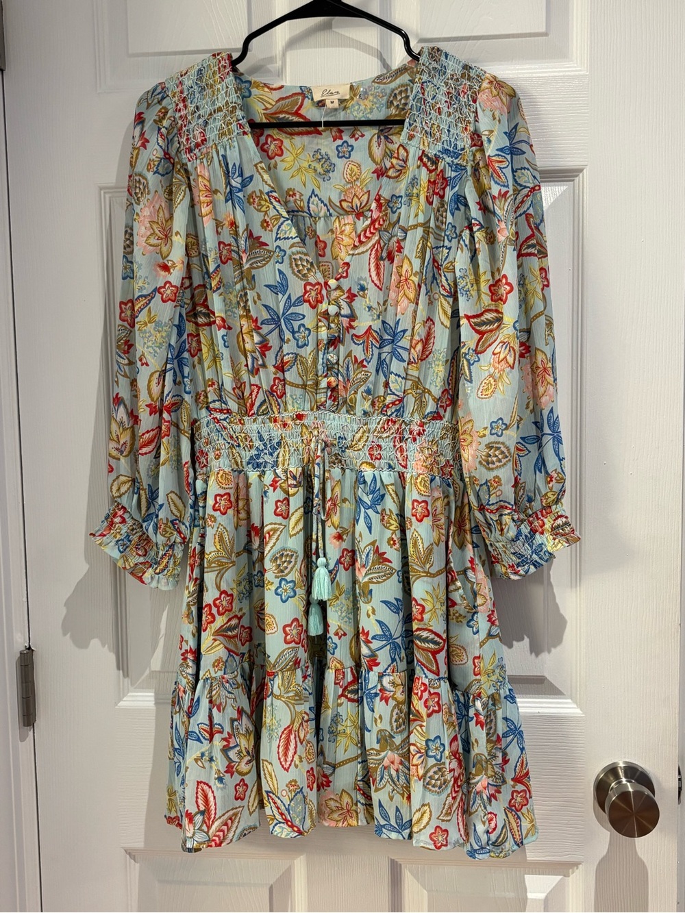 Elan Light Blue Floral Smocked Waist Mini Dress